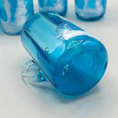 LOT 36: Six Antique Hand-Painted Mary Gregory Blue Glass Mugs