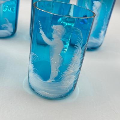 LOT 36: Six Antique Hand-Painted Mary Gregory Blue Glass Mugs