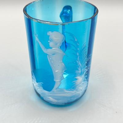 LOT 36: Six Antique Hand-Painted Mary Gregory Blue Glass Mugs