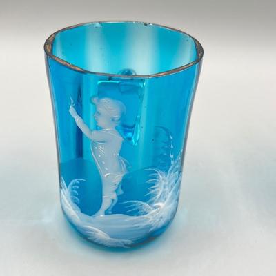 LOT 36: Six Antique Hand-Painted Mary Gregory Blue Glass Mugs