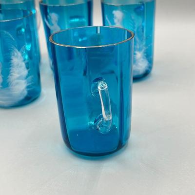 LOT 36: Six Antique Hand-Painted Mary Gregory Blue Glass Mugs