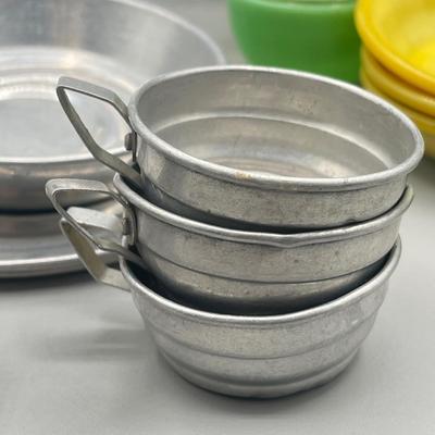 LOT 52: Children's Play Dishes and Utensils - Slag Glass Set Pieces and More