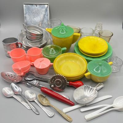 LOT 52: Children's Play Dishes and Utensils - Slag Glass Set Pieces and More