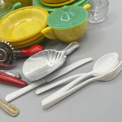 LOT 52: Children's Play Dishes and Utensils - Slag Glass Set Pieces and More