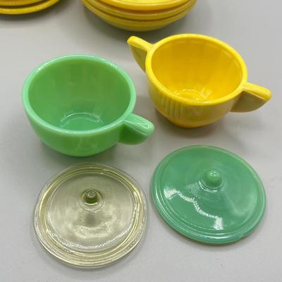 LOT 52: Children's Play Dishes and Utensils - Slag Glass Set Pieces and More