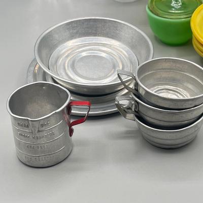 LOT 52: Children's Play Dishes and Utensils - Slag Glass Set Pieces and More