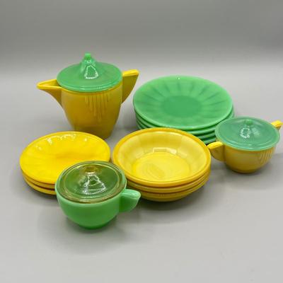 LOT 52: Children's Play Dishes and Utensils - Slag Glass Set Pieces and More