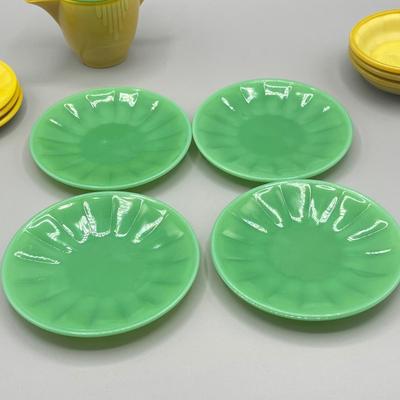 LOT 52: Children's Play Dishes and Utensils - Slag Glass Set Pieces and More