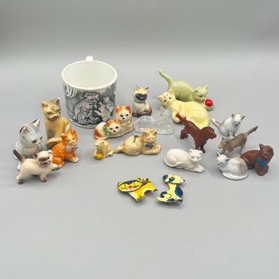 LOT 54: Dog and Cat Collectibles - Pins, Figurines, Antique Mug