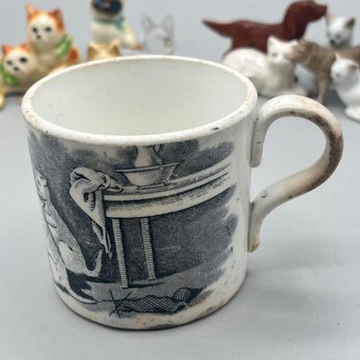 LOT 54: Dog and Cat Collectibles - Pins, Figurines, Antique Mug
