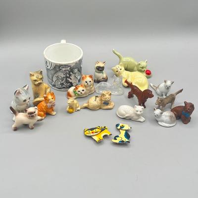 LOT 54: Dog and Cat Collectibles - Pins, Figurines, Antique Mug