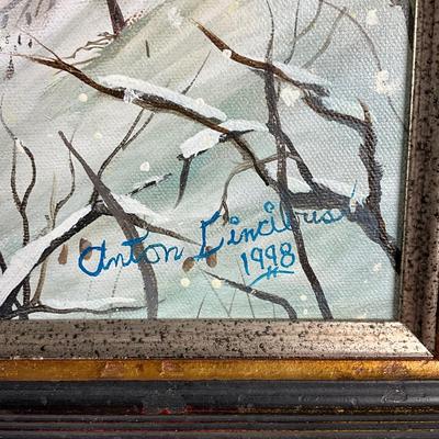 147 Oil Painting "Covered Bridge Winter Storm" By Anton Cincibus Circa 1998