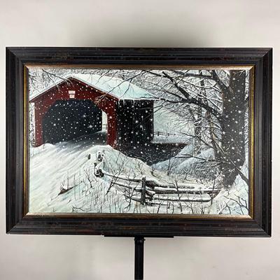 147 Oil Painting "Covered Bridge Winter Storm" By Anton Cincibus Circa 1998