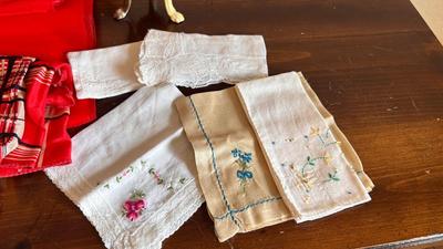 ANTIQUE HAT PIN HOLDER WITH VTG LADIES SCARFS AND HANKIES