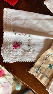 ANTIQUE HAT PIN HOLDER WITH VTG LADIES SCARFS AND HANKIES