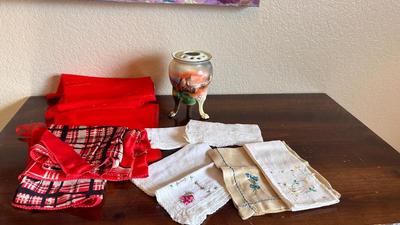 ANTIQUE HAT PIN HOLDER WITH VTG LADIES SCARFS AND HANKIES