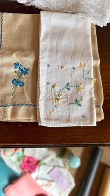 ANTIQUE HAT PIN HOLDER WITH VTG LADIES SCARFS AND HANKIES