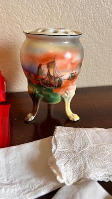 ANTIQUE HAT PIN HOLDER WITH VTG LADIES SCARFS AND HANKIES