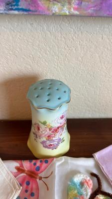 ANTIQUE HAT PIN HOLDER WITH LADIES HANDKERCHIEFS AND SCARFS