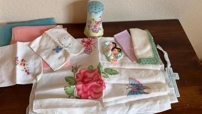 ANTIQUE HAT PIN HOLDER WITH LADIES HANDKERCHIEFS AND SCARFS