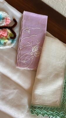 ANTIQUE HAT PIN HOLDER WITH LADIES HANDKERCHIEFS AND SCARFS