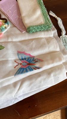 ANTIQUE HAT PIN HOLDER WITH LADIES HANDKERCHIEFS AND SCARFS