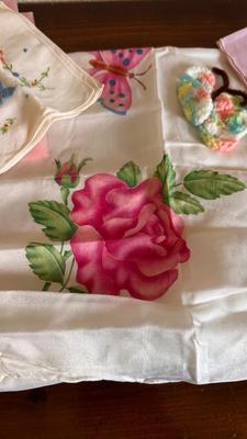 ANTIQUE HAT PIN HOLDER WITH LADIES HANDKERCHIEFS AND SCARFS