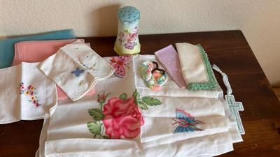 ANTIQUE HAT PIN HOLDER WITH LADIES HANDKERCHIEFS AND SCARFS