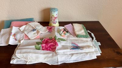 ANTIQUE HAT PIN HOLDER WITH LADIES HANDKERCHIEFS AND SCARFS