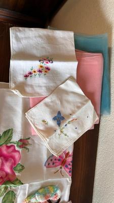 ANTIQUE HAT PIN HOLDER WITH LADIES HANDKERCHIEFS AND SCARFS