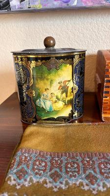 VTG WOODEN BOX WITH MIRROR ON LID, TIN AND SCARFS