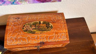 VTG WOODEN BOX WITH MIRROR ON LID, TIN AND SCARFS