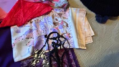 WOMENS SCARVES, NECKLACES, A SHIRT. AND TRAVEL POUCH