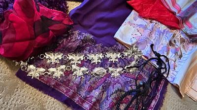 WOMENS SCARVES, NECKLACES, A SHIRT. AND TRAVEL POUCH