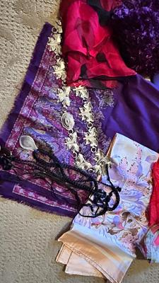WOMENS SCARVES, NECKLACES, A SHIRT. AND TRAVEL POUCH