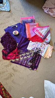 WOMENS SCARVES, NECKLACES, A SHIRT. AND TRAVEL POUCH