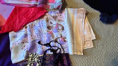 WOMENS SCARVES, NECKLACES, A SHIRT. AND TRAVEL POUCH