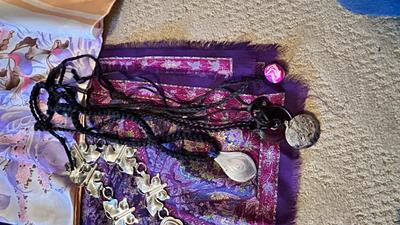 WOMENS SCARVES, NECKLACES, A SHIRT. AND TRAVEL POUCH