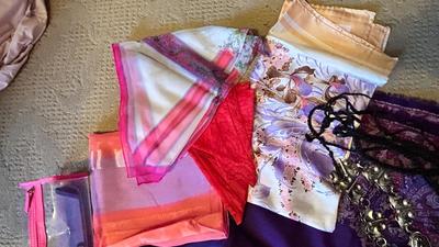 WOMENS SCARVES, NECKLACES, A SHIRT. AND TRAVEL POUCH