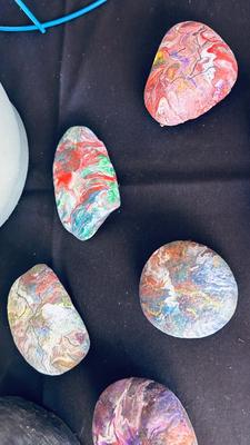 PLANTERS, PAINTED ROCKS, TOMATO CAGE AND SPRINKLER