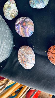 PLANTERS, PAINTED ROCKS, TOMATO CAGE AND SPRINKLER