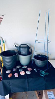 PLANTERS, PAINTED ROCKS, TOMATO CAGE AND SPRINKLER