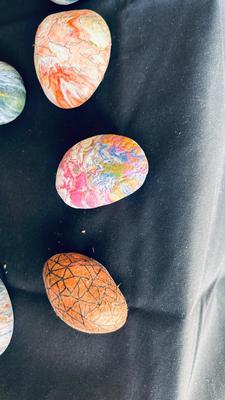 PLANTERS, PAINTED ROCKS, TOMATO CAGE AND SPRINKLER