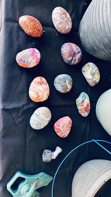 PLANTERS, PAINTED ROCKS, TOMATO CAGE AND SPRINKLER