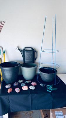 PLANTERS, PAINTED ROCKS, TOMATO CAGE AND SPRINKLER