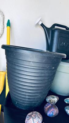 PLANTERS, PAINTED ROCKS, TOMATO CAGE AND SPRINKLER