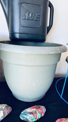 PLANTERS, PAINTED ROCKS, TOMATO CAGE AND SPRINKLER