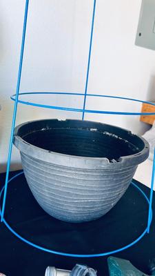 PLANTERS, PAINTED ROCKS, TOMATO CAGE AND SPRINKLER