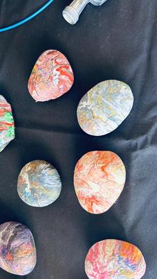 PLANTERS, PAINTED ROCKS, TOMATO CAGE AND SPRINKLER