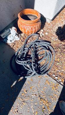 LARGE SHALLOW CLAY PLANTERS, GARDEN HOSE AND CUTE LITTLE FROG